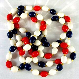 Long and beautiful Red, White and Blue with gold accents acrylic necklace